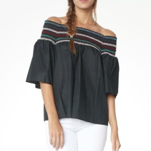 Anthropologie PARKER Off the Shoulder Poplin Embroidered 3/4 Sleeve Yasmin Top M - Picture 1 of 7